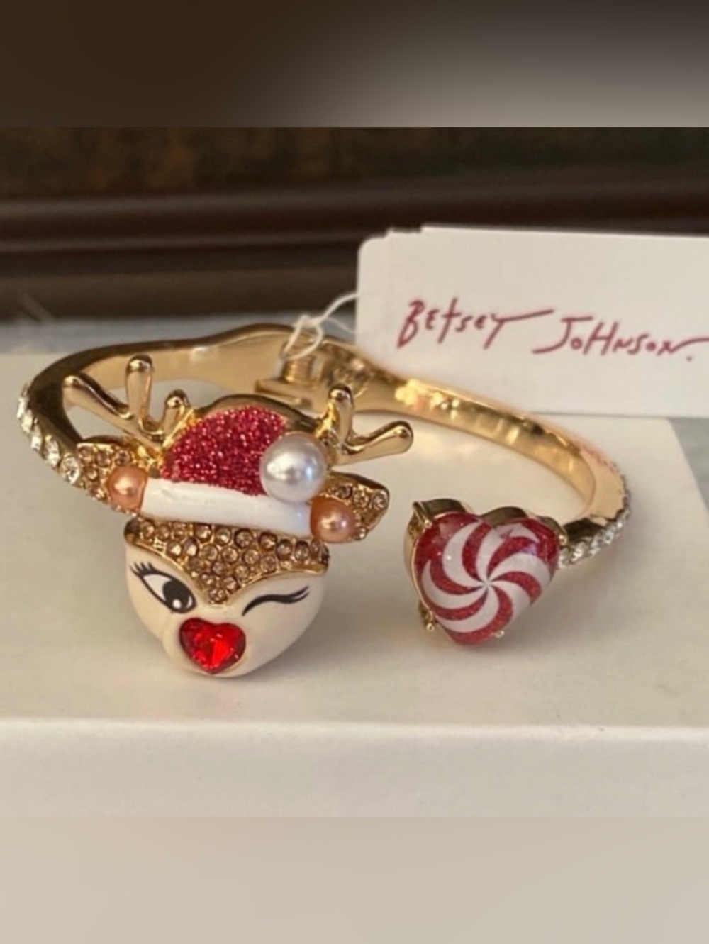 BETSEY JOHNSON Christmas Santa Baby Rudolph Red-Nose Reindeer Hinge Bracelet NWT